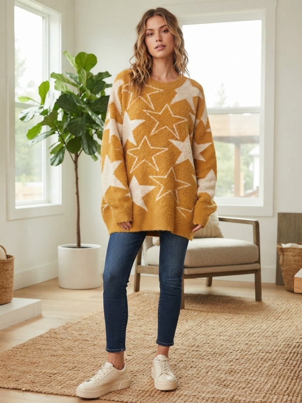 Net 153 Cozy Star-Print Oversized Sweater - Mustard Cream